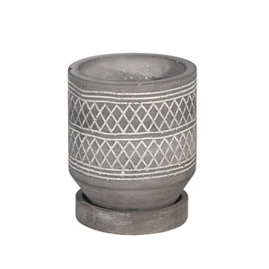 Diamond Pattern Round Cement Planter with Saucer, Gray and White