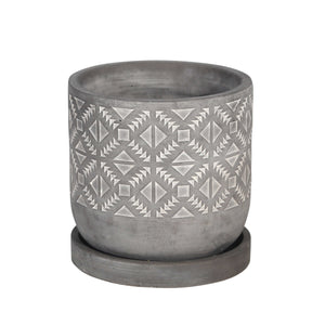 Diamond Pattern Cement Planter with Saucer, Gray and White