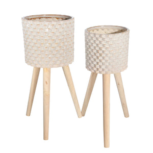 Textured Ceramic Planter with Tripod Legs, Set of 2, Cream and Brown