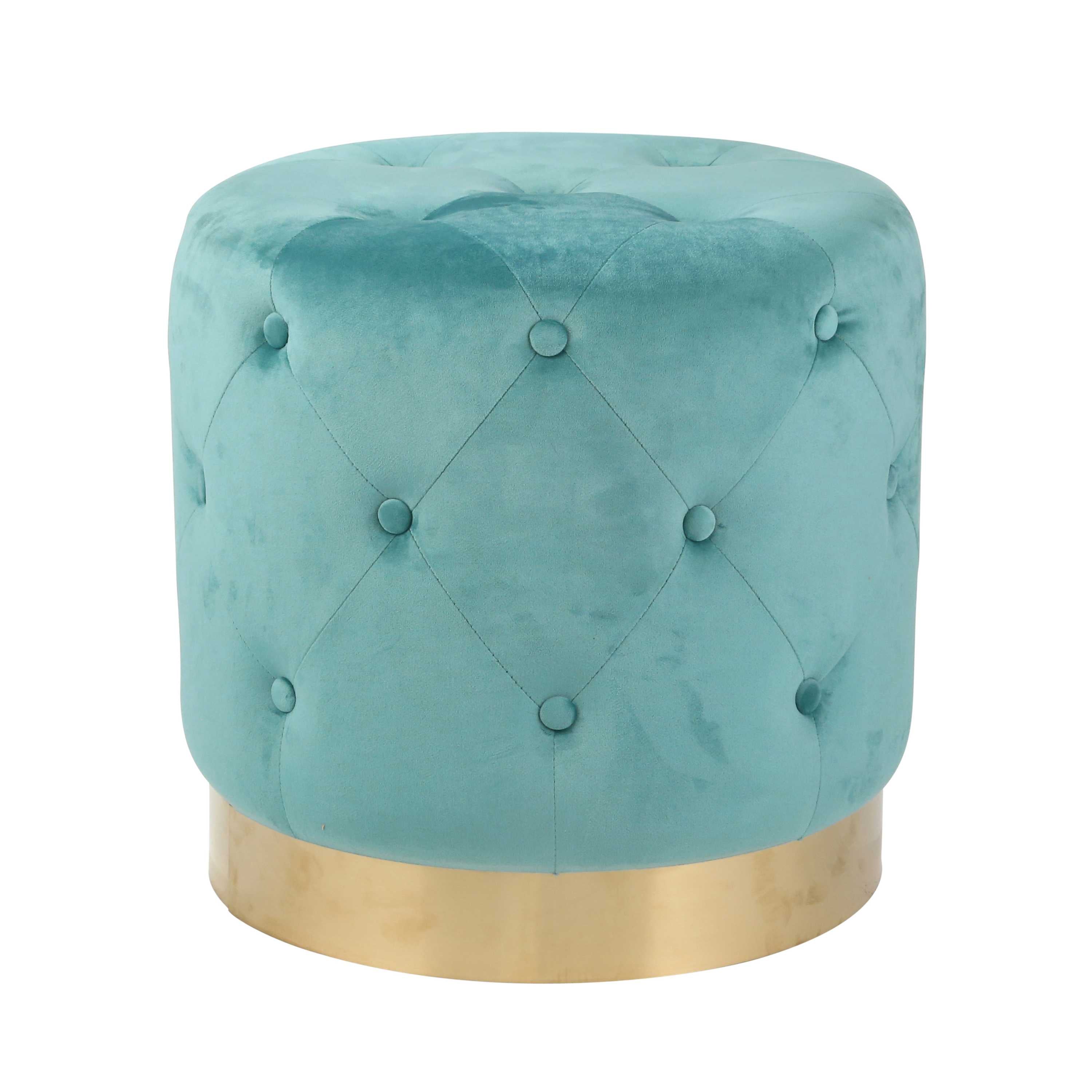 Fabric Upholstered Tufted Ottoman with Metal Base, Teal Blue and Gold