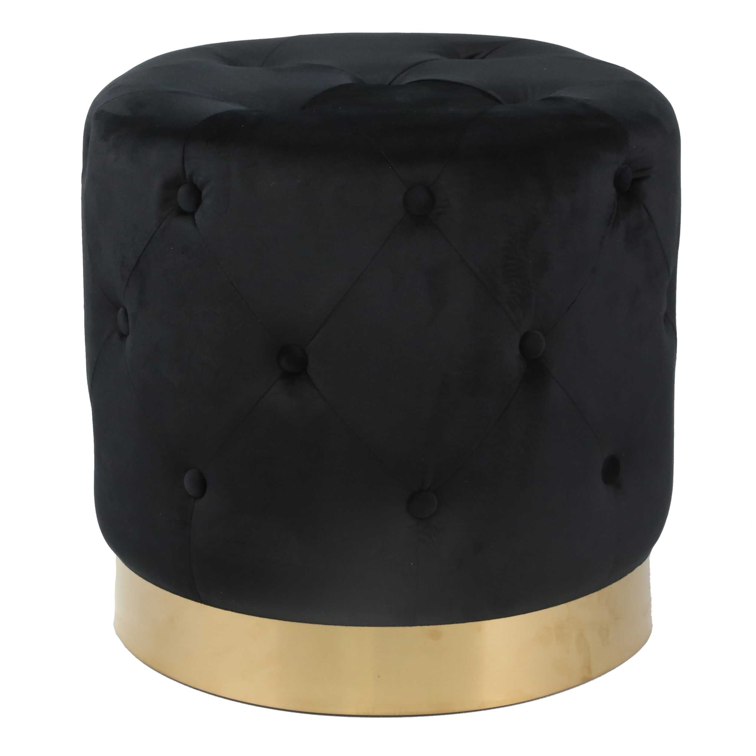 Fabric Upholstered Tufted Ottoman with Metal Base, Black and Gold