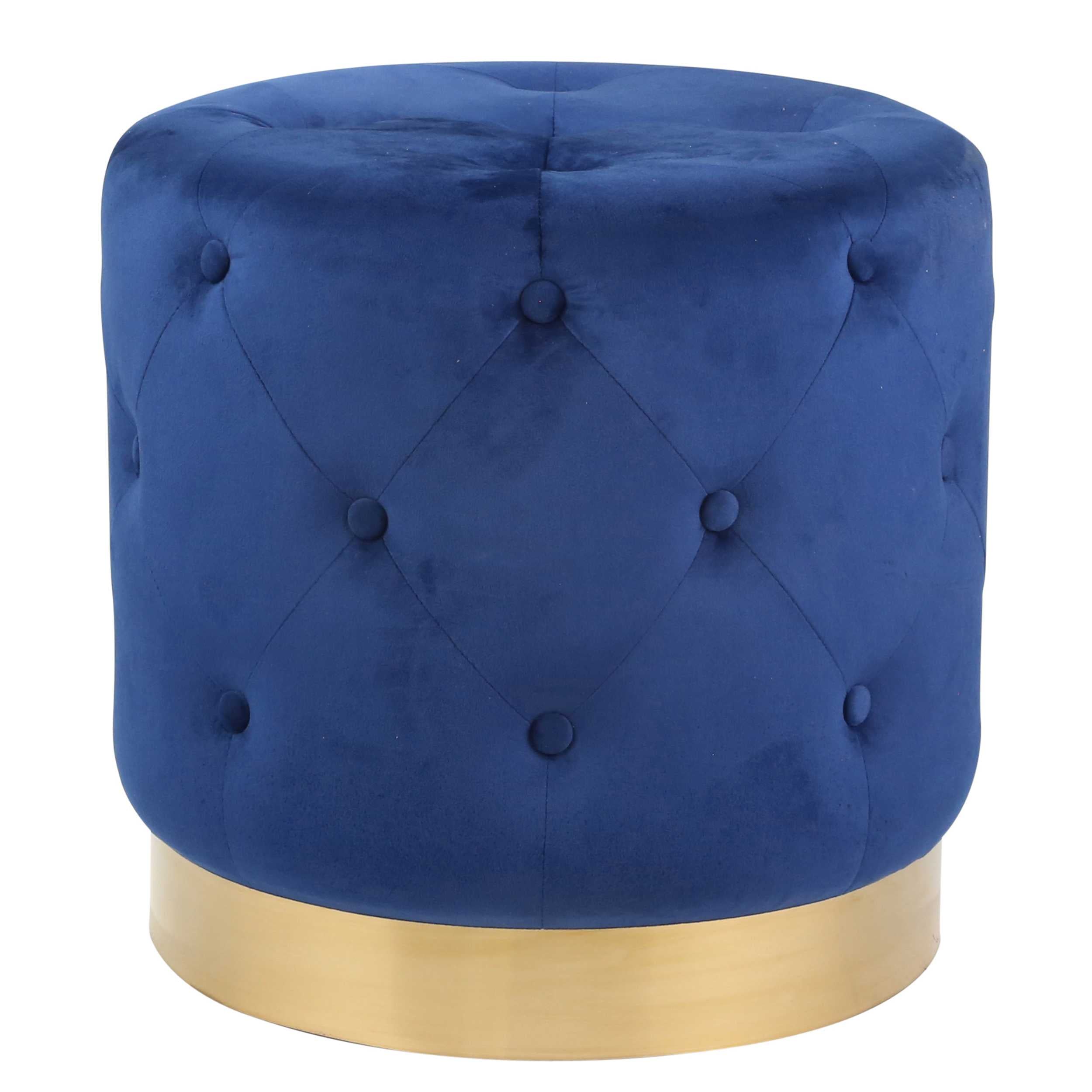 Fabric Upholstered Tufted Ottoman with Metal Base, Navy Blue and Gold