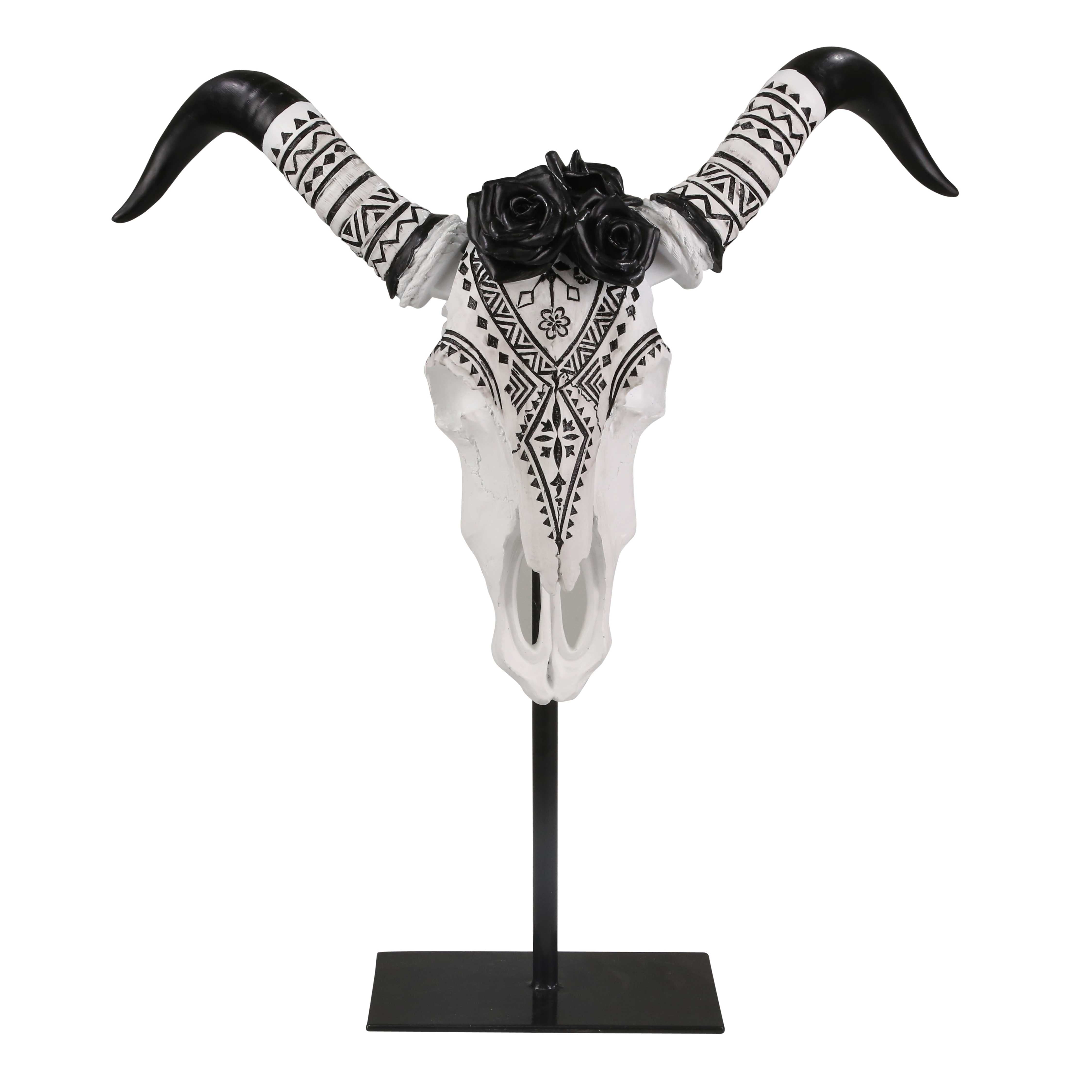 Polyresin Cow Skull Decor with Rectangular Metal Stand,Black and White