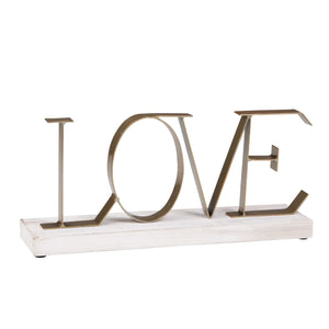 Wooden Tabletop Decor with Metal Love Initialed, White and Bronze