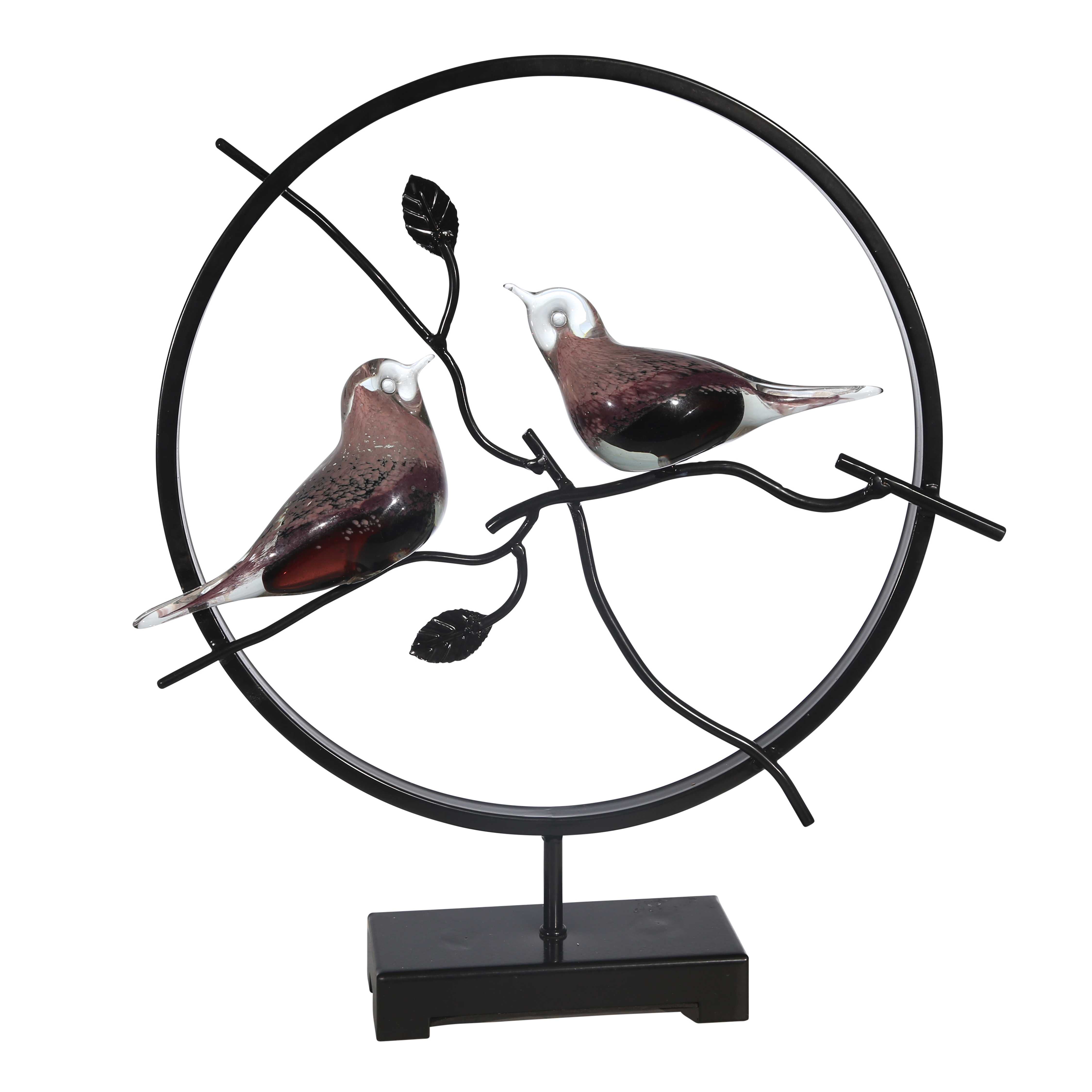 Glass Bird Accent Decor in Circular Metal Frame, Black and Brown