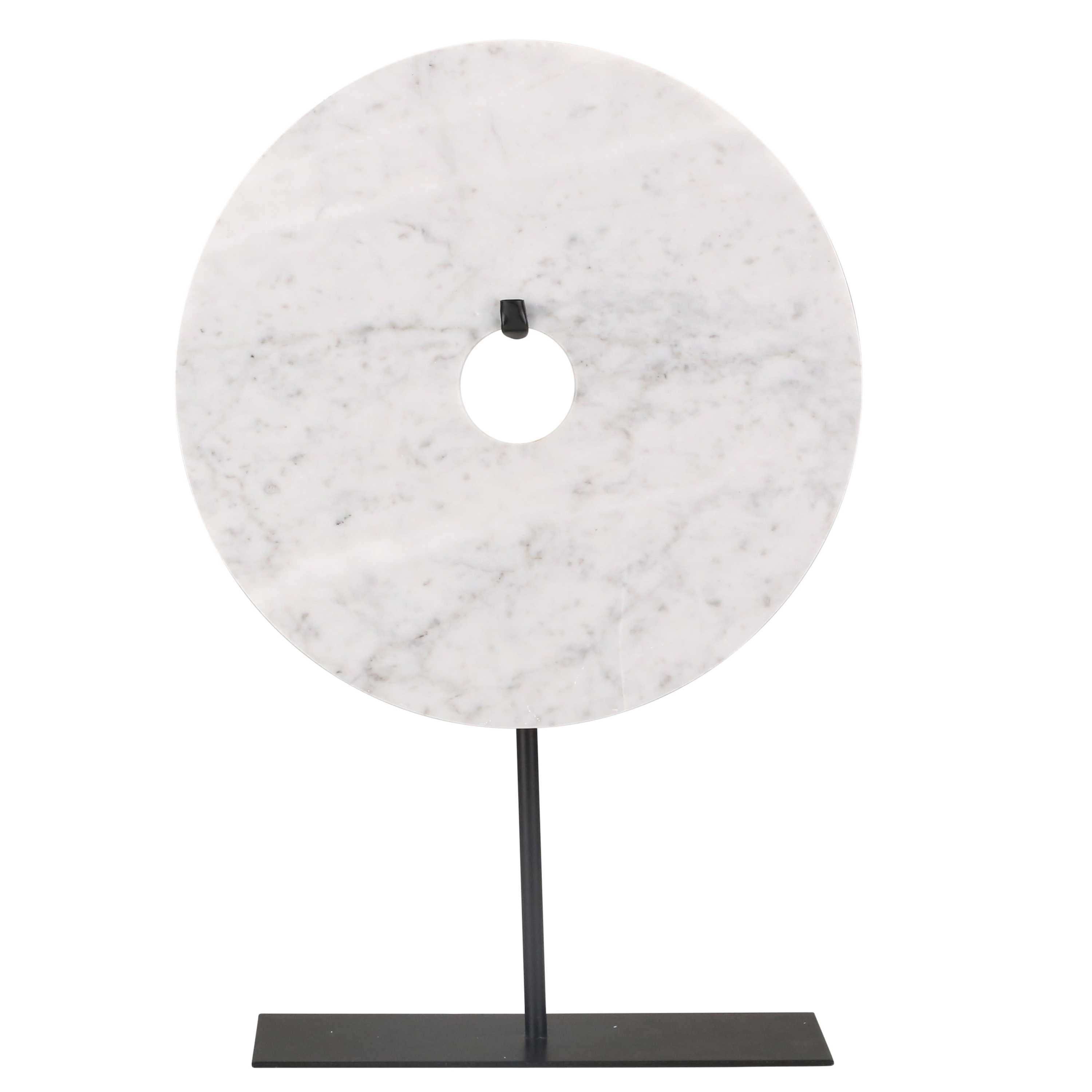 Contemporary Style Marble Disk on Metal Stand, Black and White