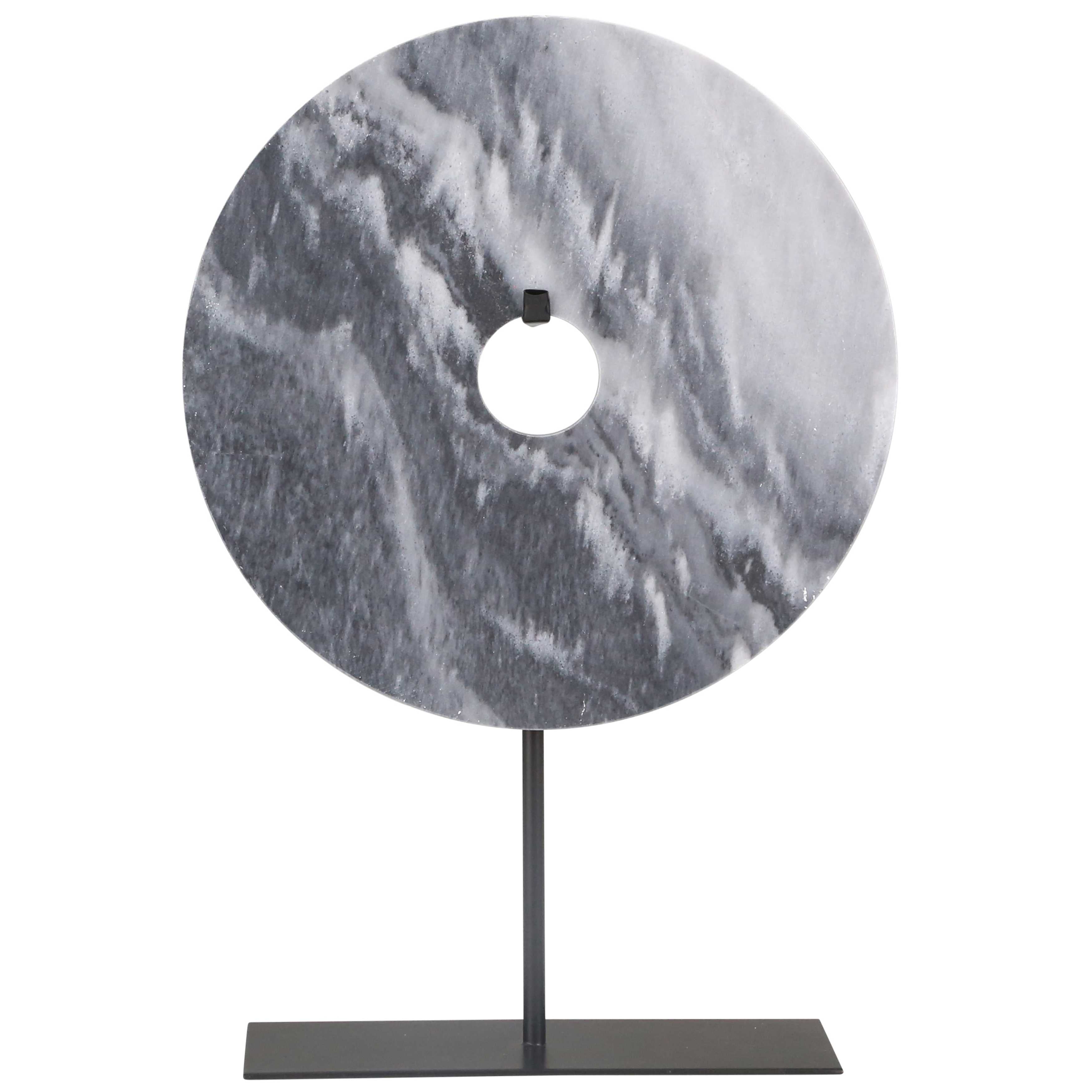 Decorative Marble Disk on Metal Stand, Black and White