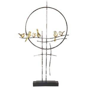 Birds Figurine on Round Metal Stand, Large, Gold and Distressed Silver