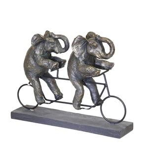 Polyresin Art Piece with Elephants And Tandem Bicycle, Bronze