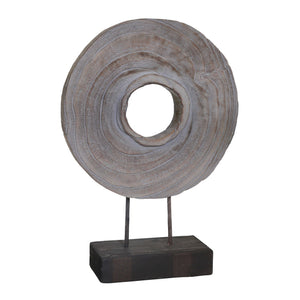 Wooden Doughnut Shaped Disk Table Top Decor with Stand Support, Gray