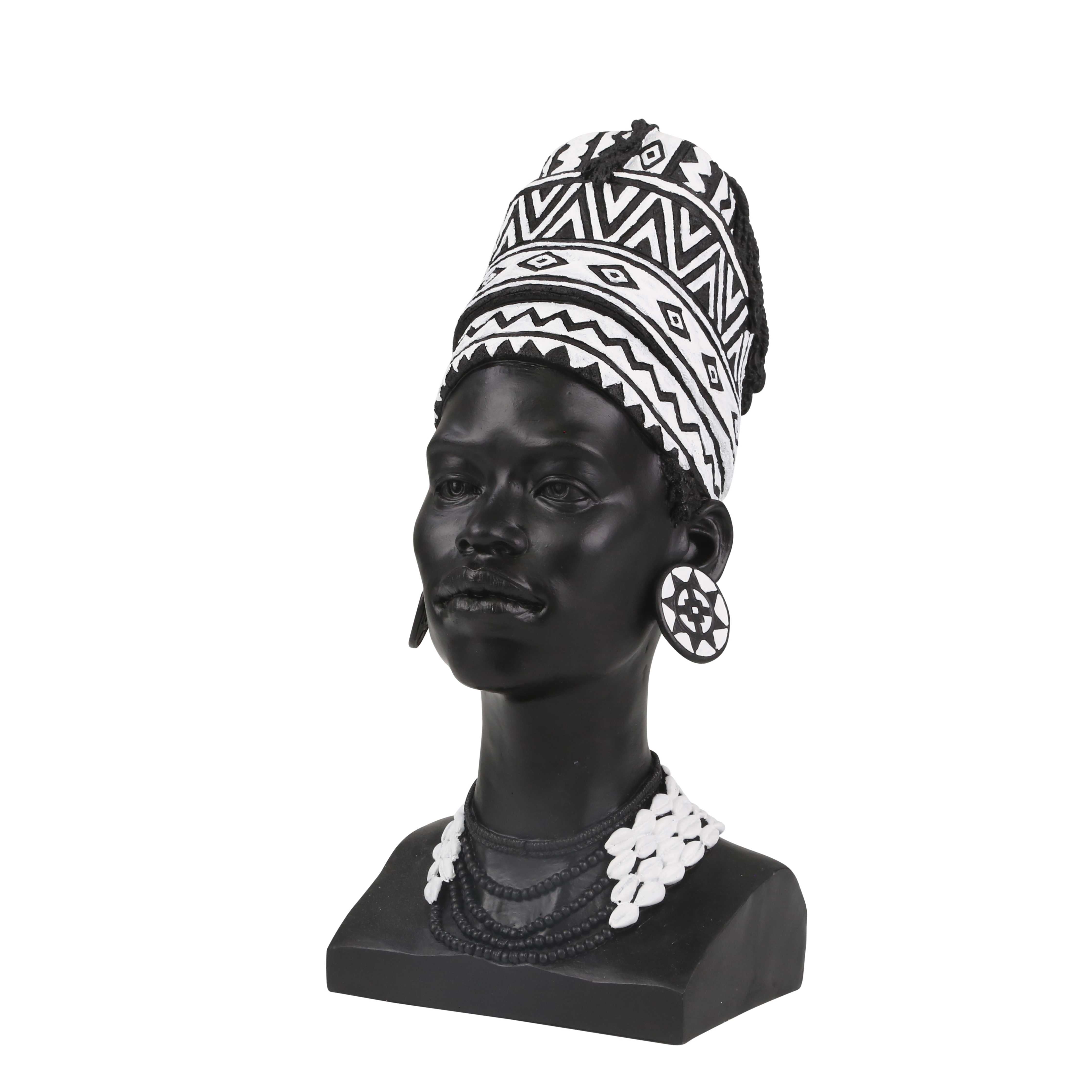 Polyresin Dark Tribal Lady Bust Figurine with Fabric Ornaments, Black