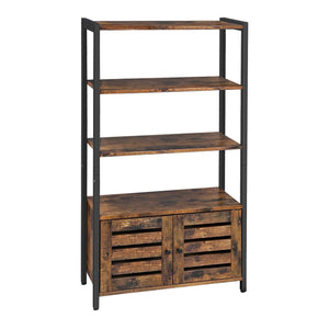 Wooden Storage Cabinet with 3 Open Shelves and 2 Doors, Brown and Black
