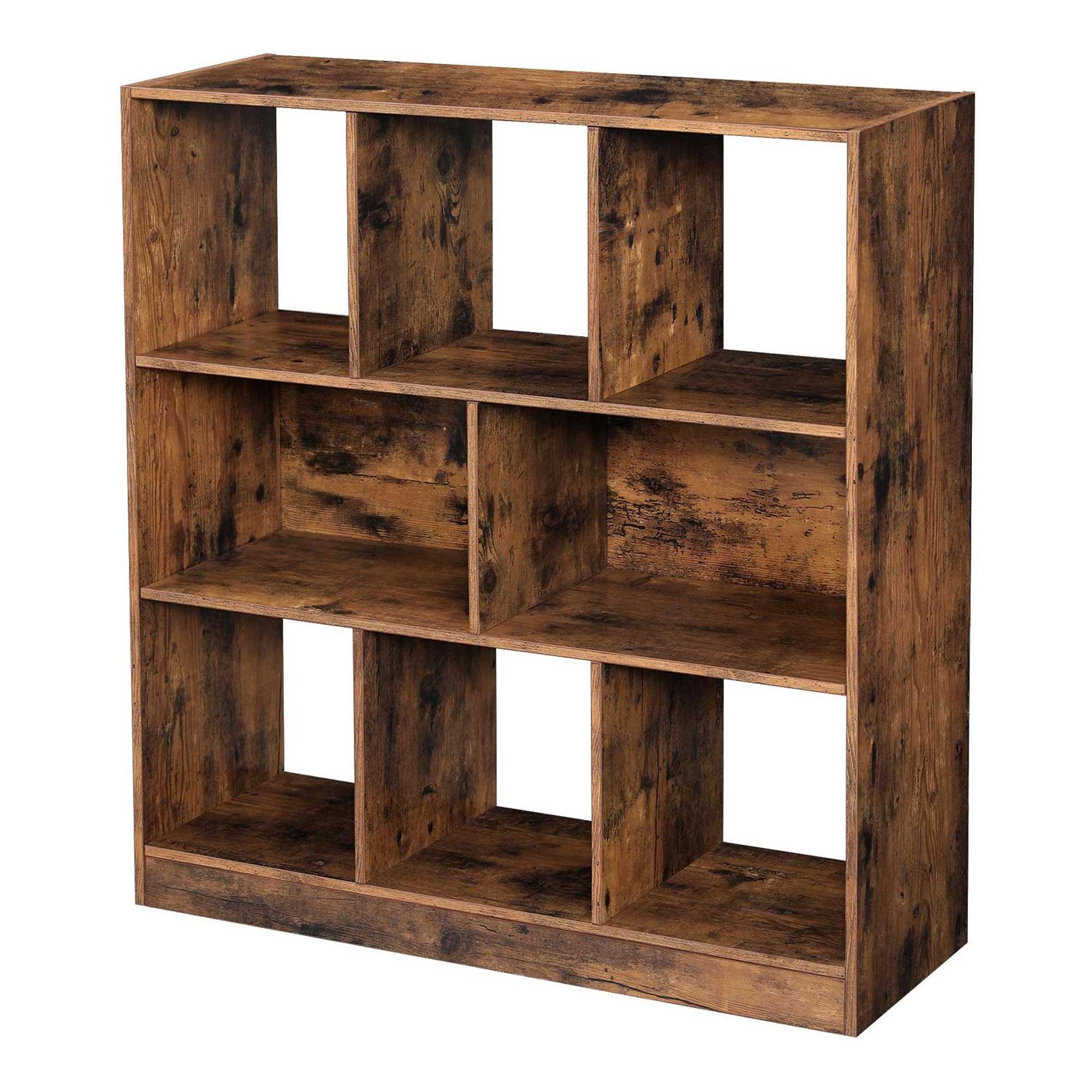 Wooden Bookcase with Open Cubes and Shelves, Distressed Brown