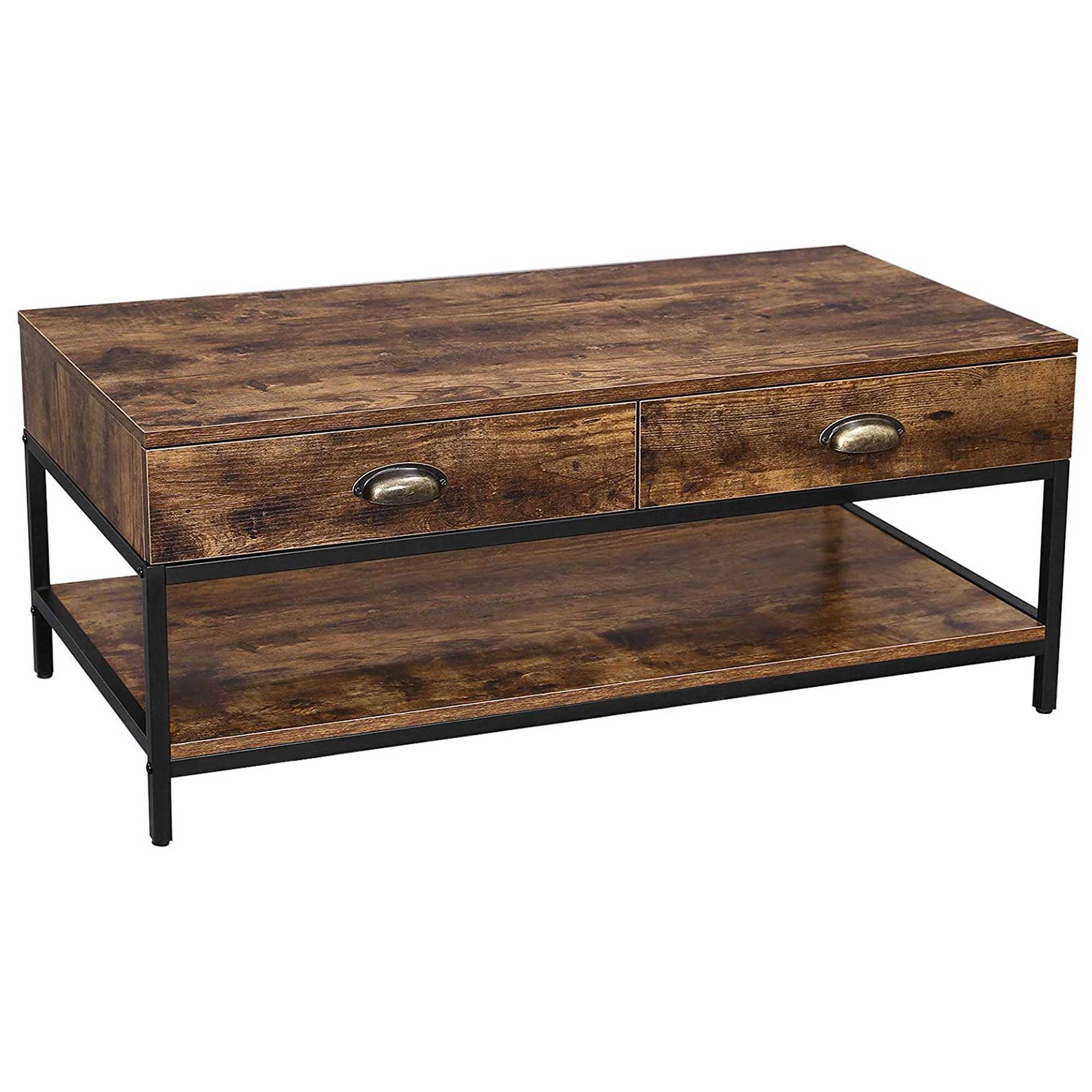 Wooden Coffee Table with 2 Drawers and 1 Bottom Shelf, Brown and Black