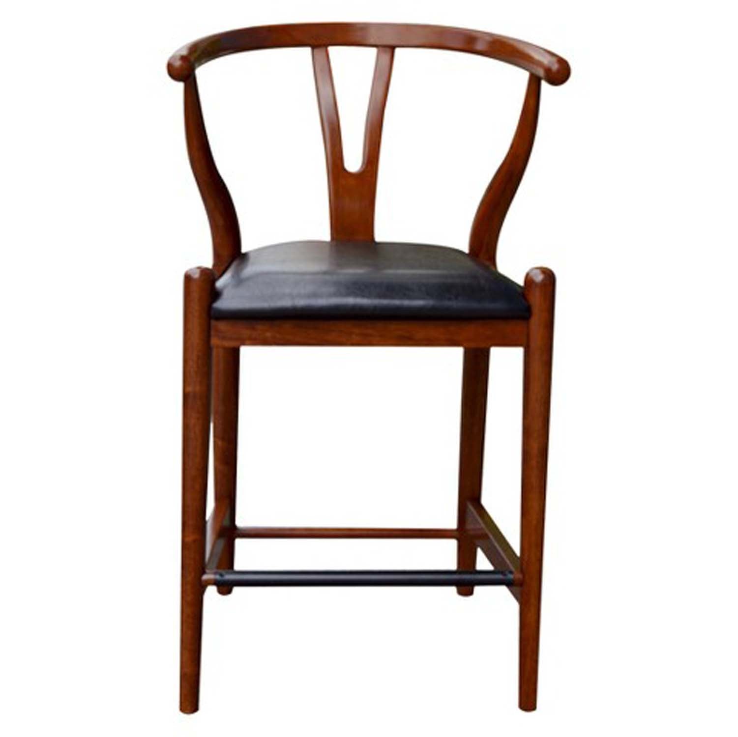 Wooden Fiddle Back Counter Stool with Leatherette Seating, Cherry Brown