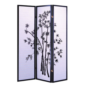Bamboo Print 3 Panel Wooden Room Divider, Black and White
