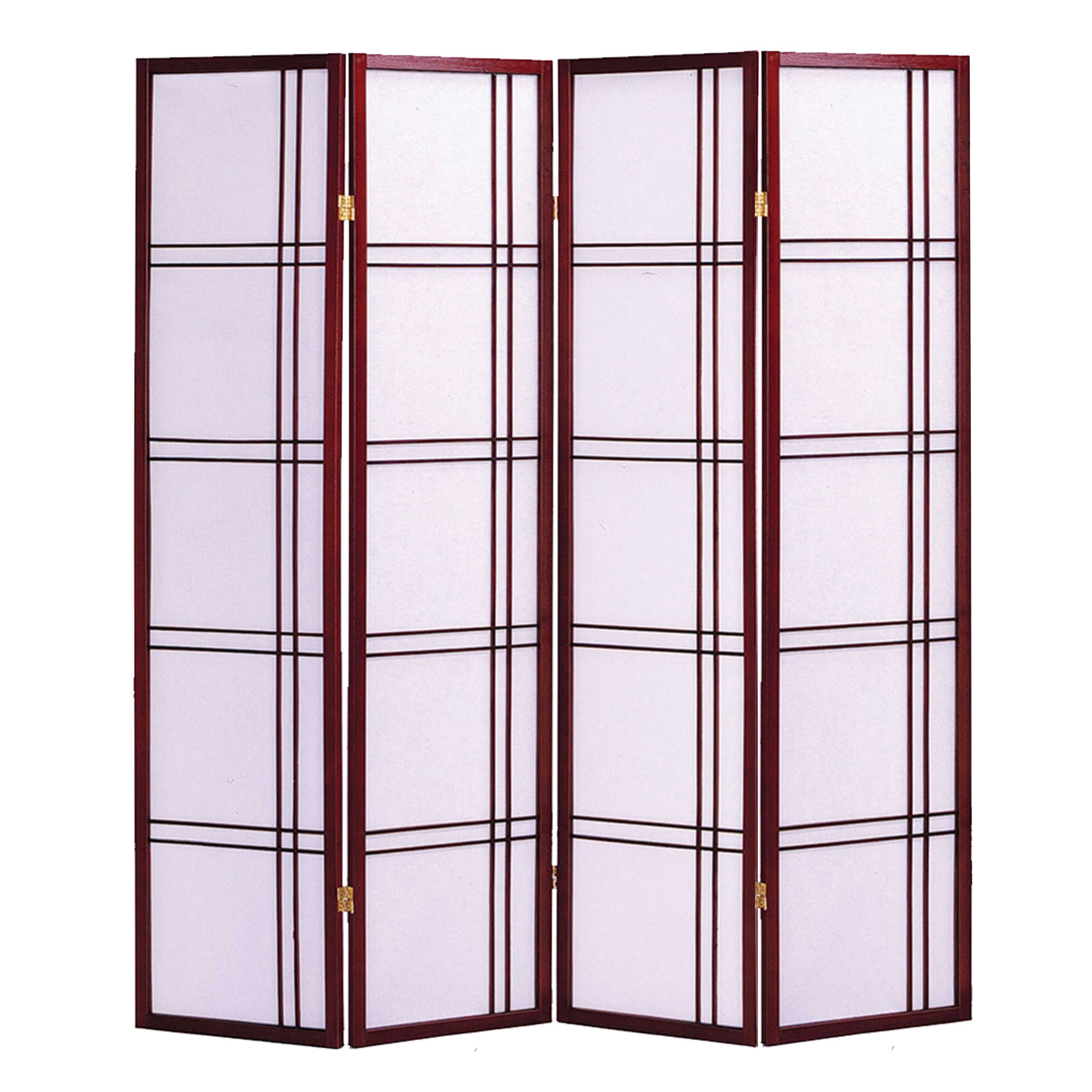 Wooden 4 Panel Room Divider with Checkered Shoji Inserts, Brown and White