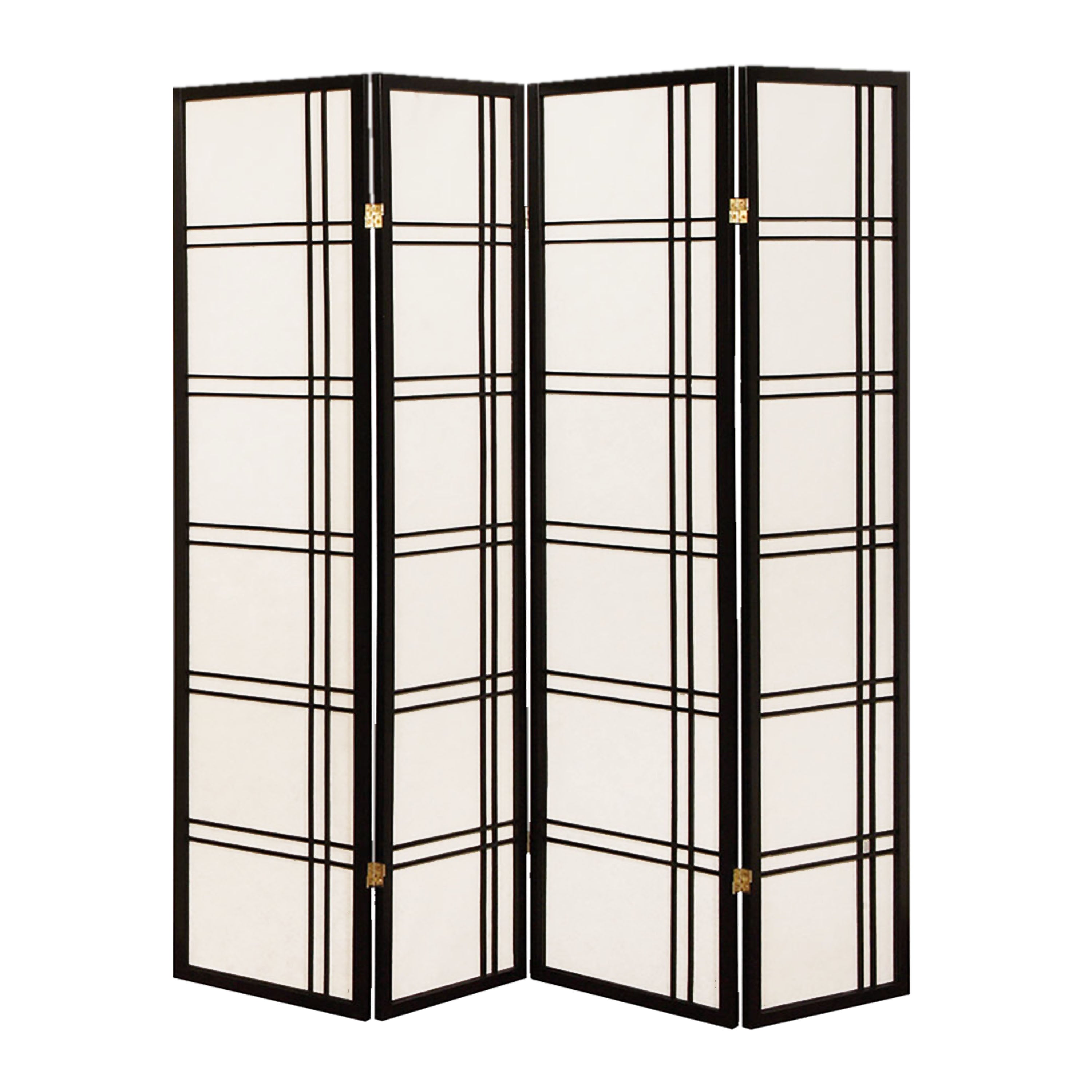 Wooden 4 Panel Room Divider with Checkered Shoji Inserts, White and Black