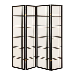 Wooden 4 Panel Room Divider with Checkered Shoji Inserts, White and Black