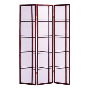 Wooden 3 Panel Room Divider with Checkered Shoji Inserts, White and Brown