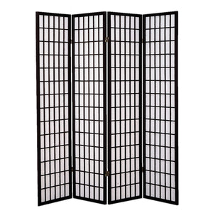 Wooden 4 Panel Room Divider with Shoji Paper Inserts, Black and White