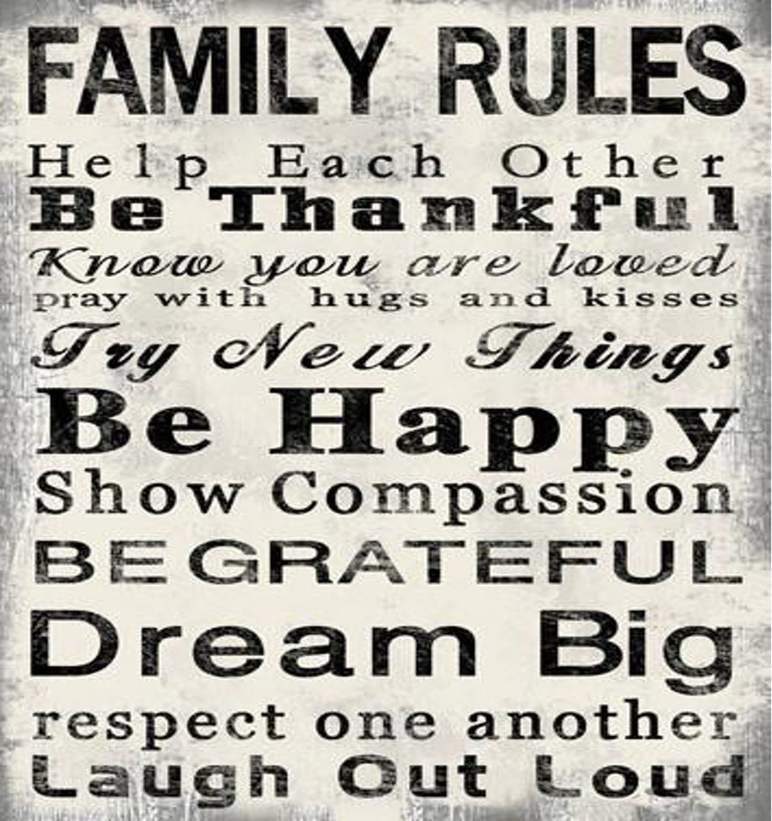 High Quality Canvas Print with Family Rules Quotes, Black & White