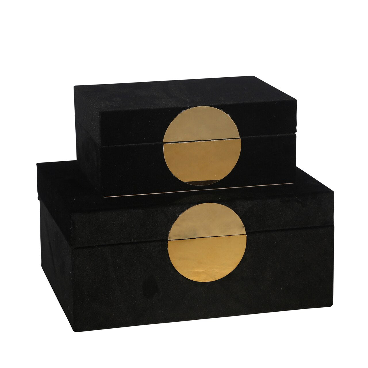 Velvet Upholstered Wooden Jewelry Box, Set of 2, Black and Gold