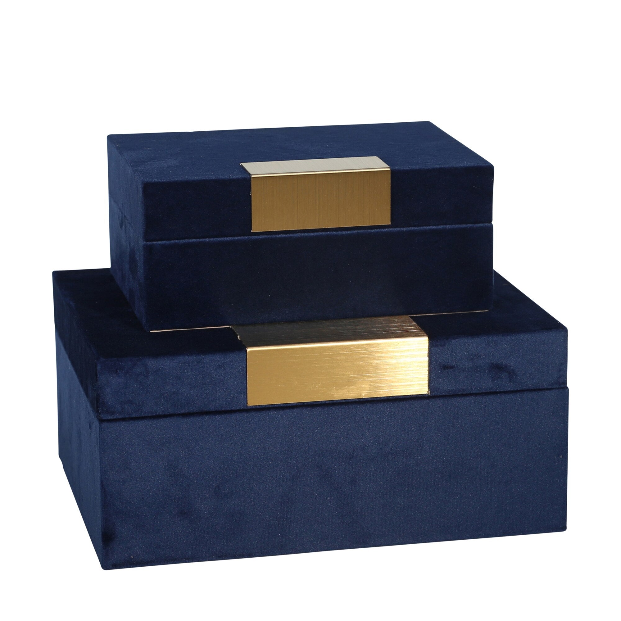 Velvet Upholstered Wooden Jewelry Box, Set of 2, Blue and Gold