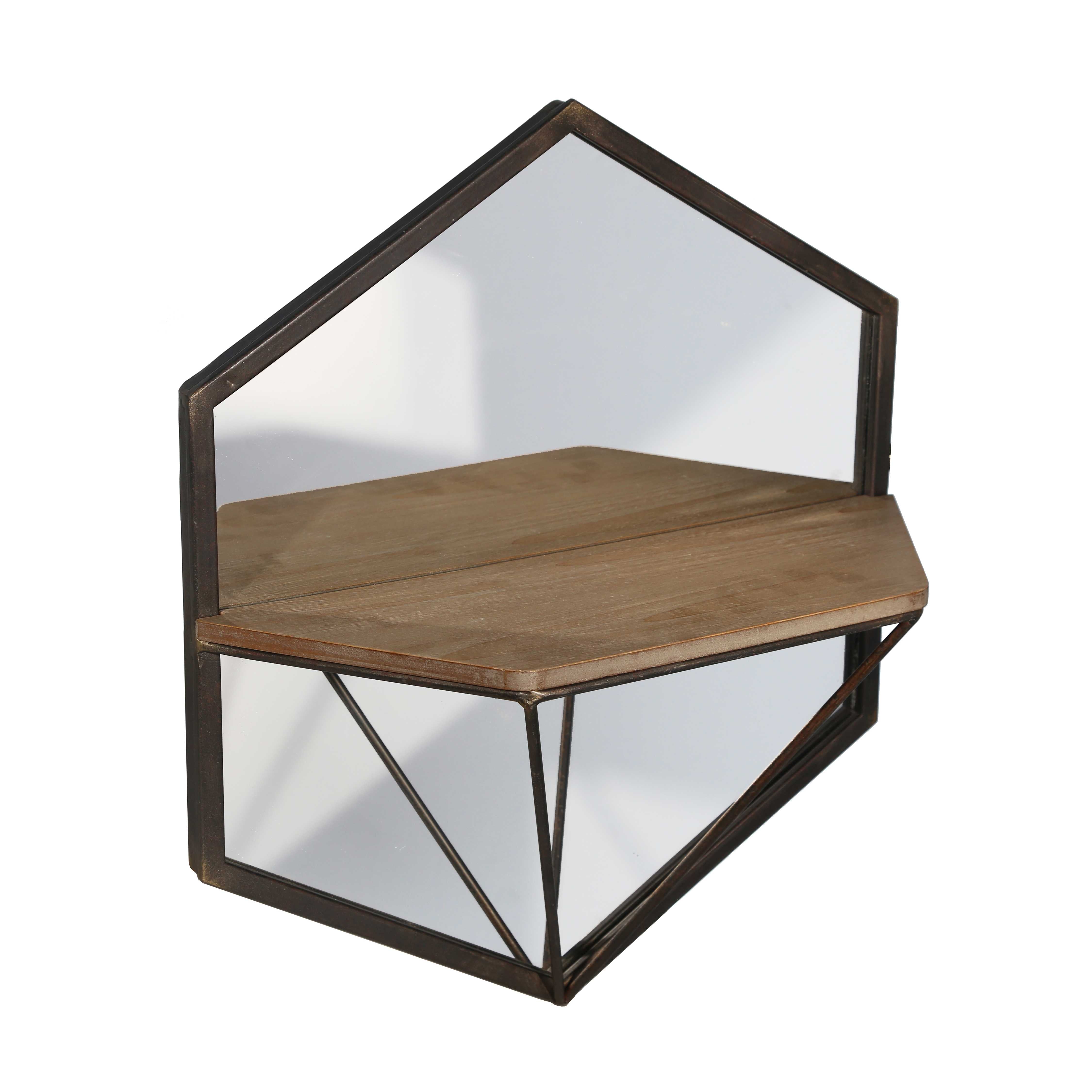 Hexagonal Wood and Metal Wall Shelf, Set of 2, Silver and Brown