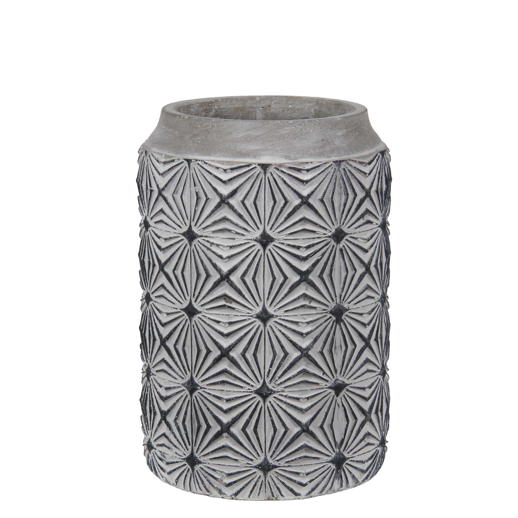 Small Size Cement Table Vase with Geometric Design, White and Gray