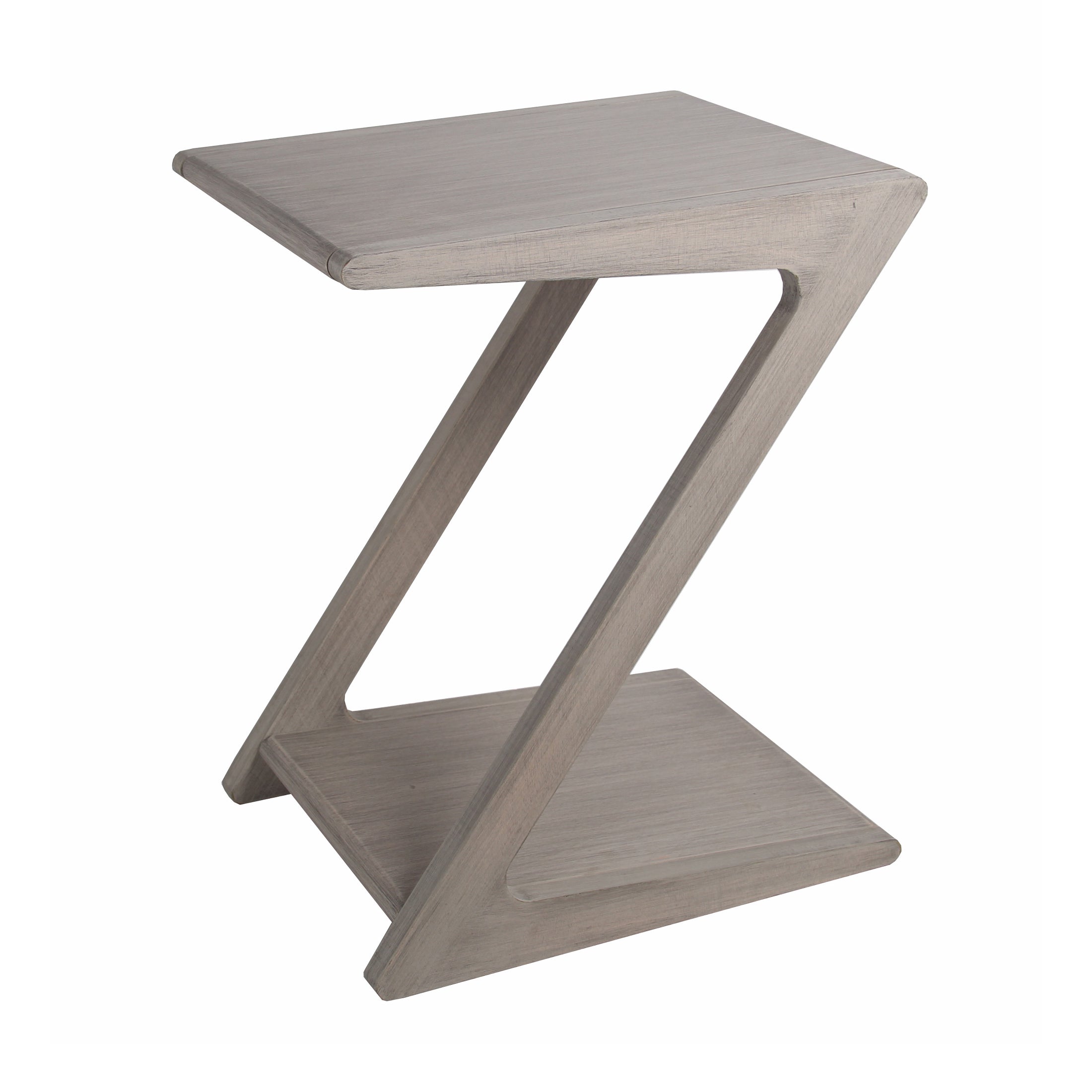 Transitional Wooden Side Table with Unique Z Shape Structure, Gray